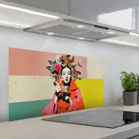 KitchenYeah Spatscherm 100x50 cm - Zelfklevende achterwand Retro - Vrouw - Kopje - Vlinders - Keuken muurbeschermer - Spatwand fornuis