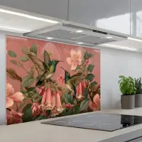KitchenYeah Spatscherm 80x55 cm - Zelfklevende achterwand Kolibries - Bloemen - Groen - Roze - Keuken muurbeschermer - Spatwand fornuis