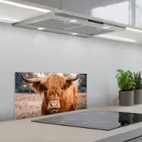 KitchenYeah Spatscherm 60x30 cm - Zelfklevende achterwand Koe- Schotse hooglander - Hoorns - Bruin - Landschap - Keuken muurbeschermer - Spatwand fornuis