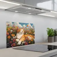 KitchenYeah Spatscherm 60x45 cm - Zelfklevende achterwand Kat - Bloemen - Ontspannen - Keuken muurbeschermer - Spatwand fornuis