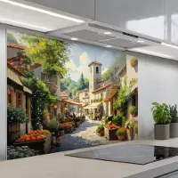 KitchenYeah Spatscherm 120x80 cm - Zelfklevende achterwand Dorp - Zon - Kraampjes - Huizen - Keuken muurbeschermer - Spatwand fornuis