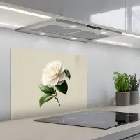 KitchenYeah Spatscherm 70x50 cm - Zelfklevende achterwand Cameliabloem - Wit - Groen - Keuken muurbeschermer - Spatwand fornuis