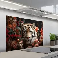 KitchenYeah Spatscherm 100x65 cm - Zelfklevende achterwand Tijger - Dier - Natuur - Bloemen - Botanisch - Keuken muurbeschermer - Spatwand fornuis
