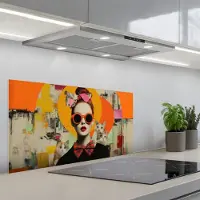 KitchenYeah Spatscherm 80x40 cm - Zelfklevende achterwand Vrouw - Bril - Strik - Retro - Keuken muurbeschermer - Spatwand fornuis