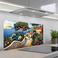 KitchenYeah Spatscherm 100x50 cm - Zelfklevende achterwand Huizen - Mozaïek - Sinaasappelbomen - Zee - Keuken muurbeschermer - Spatwand fornuis