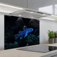 KitchenYeah Spatscherm 90x70 cm - Zelfklevende achterwand Vis - Stippen - Koraal - Blauw - Keuken muurbeschermer - Spatwand fornuis