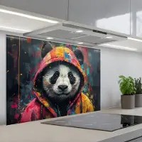 KitchenYeah Spatscherm 80x55 cm - Zelfklevende achterwand Graffiti - Panda - Jas - Kleurrijk - Street art - Keuken muurbeschermer - Spatwand fornuis