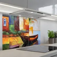 KitchenYeah Spatscherm 90x60 cm - Zelfklevende achterwand Abstract - Kunst - Boot - Kleuren - Keuken muurbeschermer - Spatwand fornuis