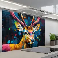KitchenYeah Spatscherm 120x80 cm - Zelfklevende achterwand Graffiti - Hert - Dier - Kleurrijk - Keuken muurbeschermer - Spatwand fornuis