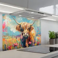 KitchenYeah Spatscherm 80x55 cm - Zelfklevende achterwand Schotse hooglander - Natuur - Kleurrijk - Bloemen - Keuken muurbeschermer - Spatwand fornuis