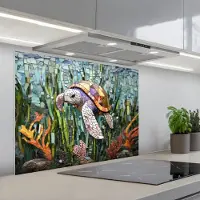 KitchenYeah Spatscherm 90x70 cm - Zelfklevende achterwand Schildpad - Zeewier - Mozaïek - Keuken muurbeschermer - Spatwand fornuis