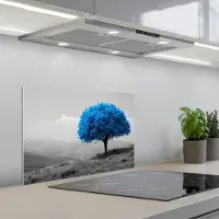 KitchenYeah Spatscherm 60x40 cm - Zelfklevende achterwand Boom - Natuur - Blauw - Zwart wit - Keuken muurbeschermer - Spatwand fornuis