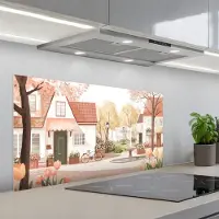 KitchenYeah Spatscherm 100x50 cm - Zelfklevende achterwand Dorpsplein - Fontein - Tulpen - Keuken muurbeschermer - Spatwand fornuis
