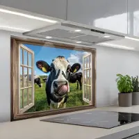 KitchenYeah Spatscherm 80x60 cm - Zelfklevende achterwand Doorkijk - Koe - Weiland - Dieren - Natuur - Keuken muurbeschermer - Spatwand fornuis