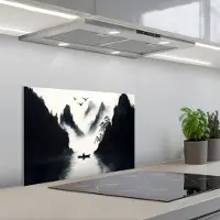 KitchenYeah Spatscherm 60x40 cm - Zelfklevende achterwand Roeiboot - Mistig - Bergen - Vogels - Keuken muurbeschermer - Spatwand fornuis