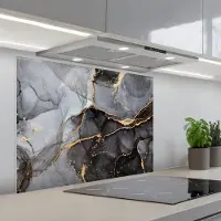 KitchenYeah Spatscherm 80x60 cm - Zelfklevende achterwand Marmer look - Goud - Grijs - Keuken muurbeschermer - Spatwand fornuis