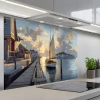KitchenYeah Spatscherm 120x80 cm - Zelfklevende achterwand Zeilboot - Zon - Pier - Hout - Keuken muurbeschermer - Spatwand fornuis