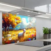 KitchenYeah Spatscherm 90x60 cm - Zelfklevende achterwand Schaap - Weide - Bloemen - Keuken muurbeschermer - Spatwand fornuis