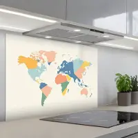 KitchenYeah Spatscherm 80x55 cm - Zelfklevende achterwand Wereldkaart - Kleurvlakken - Pastel - Abstract - Keuken muurbeschermer - Spatwand fornuis