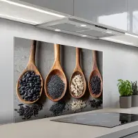 KitchenYeah Spatscherm 100x65 cm - Zelfklevende achterwand Houten - Lepels - Rijst - Zaden - Keuken muurbeschermer - Spatwand fornuis