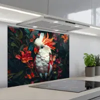 KitchenYeah Spatscherm 80x60 cm - Zelfklevende achterwand Kaketoe - Vlinders - Bloemen - Veren - Dieren - Keuken muurbeschermer - Spatwand fornuis