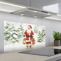 KitchenYeah Spatscherm 100x50 cm - Zelfklevende achterwand Kerstman- Winter - Sneeuw - Wit - Rood - Keuken muurbeschermer - Spatwand fornuis