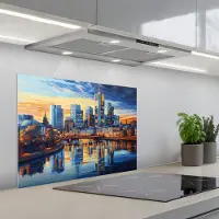 KitchenYeah Spatscherm 70x50 cm - Zelfklevende achterwand Zonsondergang Frankfurt - Stad - Skyline - Water - Keuken muurbeschermer - Spatwand fornuis