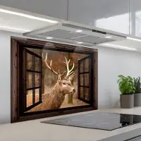 KitchenYeah Spatscherm 80x60 cm - Zelfklevende achterwand Hert - Dier - Bos - Herfst - Hertenkop - Bruin - Doorkijk - Keuken muurbeschermer - Spatwand fornuis