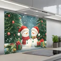 KitchenYeah Spatscherm 100x75 cm - Zelfklevende achterwand Sneeuwpop - Kerstsneeuw - Groen - Rood - Keuken muurbeschermer - Spatwand fornuis