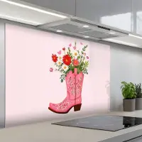 KitchenYeah Spatscherm 120x80 cm - Zelfklevende achterwand Cowboylaarzen - Roze - Boeket - Bloemen - Keuken muurbeschermer - Spatwand fornuis
