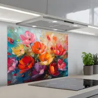 KitchenYeah Spatscherm 80x60 cm - Zelfklevende achterwand Bloemen - Kleurrijk - Verf - Abstract - Kunst - Keuken muurbeschermer - Spatwand fornuis