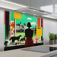 KitchenYeah Spatscherm 100x75 cm - Zelfklevende achterwand Vrouw - Keuken - Katten - Doorkijk - Keuken muurbeschermer - Spatwand fornuis