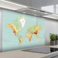 KitchenYeah Spatscherm 120x80 cm - Zelfklevende achterwand Wereldkaart - Realistisch - Blauw - Keuken muurbeschermer - Spatwand fornuis