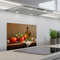 KitchenYeah Spatscherm 60x45 cm - Zelfklevende achterwand Tomaten - Olijfolie - Stilleven - Keuken muurbeschermer - Spatwand fornuis