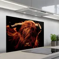 KitchenYeah Spatscherm 100x65 cm - Zelfklevende achterwand Schotse hooglander - Koe - Hoorns - Portret - Dieren - Keuken muurbeschermer - Spatwand fornuis