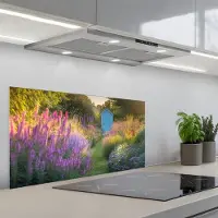 KitchenYeah Spatscherm 80x40 cm - Zelfklevende achterwand Tuinhuisje - Blauw - Bloemen - Keuken muurbeschermer - Spatwand fornuis