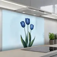 KitchenYeah Spatscherm 120x80 cm - Zelfklevende achterwand Tulpen - Blauw - Bladeren - Keuken muurbeschermer - Spatwand fornuis