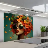 KitchenYeah Spatscherm 90x70 cm - Zelfklevende achterwand Vrouw - Sinaasappel - Bessen - Oranje - Keuken muurbeschermer - Spatwand fornuis