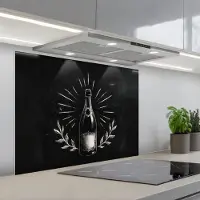 KitchenYeah Spatscherm 90x70 cm - Zelfklevende achterwand Champagnefles - Lauriertakken - Zwarte achtergrond - Keuken muurbeschermer - Spatwand fornuis