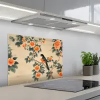 KitchenYeah Spatscherm 70x50 cm - Zelfklevende achterwand Vogel - Tak - Bloemen - Oranje - Keuken muurbeschermer - Spatwand fornuis