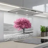 KitchenYeah Spatscherm 80x60 cm - Zelfklevende achterwand Boom - Natuur - Roze - Zwart wit - Keuken muurbeschermer - Spatwand fornuis
