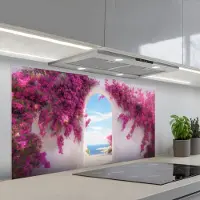 KitchenYeah Spatscherm 120x60 cm - Zelfklevende achterwand Zee - Roze - Bloemen - Poort - Keuken muurbeschermer - Spatwand fornuis