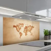 KitchenYeah Spatscherm 120x60 cm - Zelfklevende achterwand Wereldkaart - Bruin - Klassiek - Keuken muurbeschermer - Spatwand fornuis