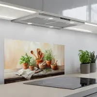 KitchenYeah Spatscherm 90x45 cm - Zelfklevende achterwand Potten - Kruiden - Hout - Keuken muurbeschermer - Spatwand fornuis
