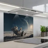 KitchenYeah Spatscherm 80x60 cm - Zelfklevende achterwand Maan - Kat - Astronaut - Ruimte - Keuken muurbeschermer - Spatwand fornuis