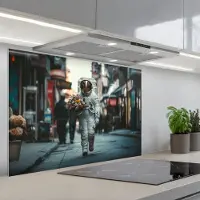 KitchenYeah Spatscherm 90x60 cm - Zelfklevende achterwand Boeket - Bloemen - Kleurrijk - Astronaut - Keuken muurbeschermer - Spatwand fornuis