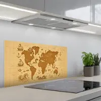 KitchenYeah Spatscherm 80x40 cm - Zelfklevende achterwand Wereldkaart - Fantasiestijl - Bruin - Keuken muurbeschermer - Spatwand fornuis