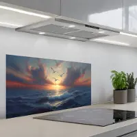 KitchenYeah Spatscherm 80x40 cm - Zelfklevende achterwand Meeuwen - Zonsondergang - Zee - Wolken - Keuken muurbeschermer - Spatwand fornuis