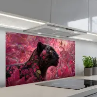 KitchenYeah Spatscherm 120x60 cm - Zelfklevende achterwand Luipaard - Bloemen - Roze - Keuken muurbeschermer - Spatwand fornuis