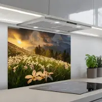 KitchenYeah Spatscherm 80x60 cm - Zelfklevende achterwand Bloemenveld - Heuvels - Zonsondergang - Berg - Natuur - Wit - Heuvels - Keuken muurbeschermer - Spatwand fornuis